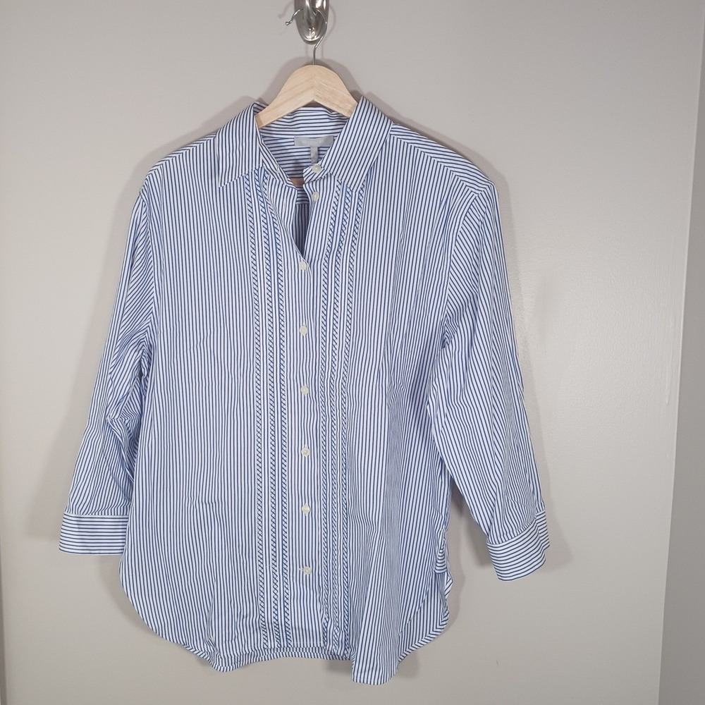Blue White Striped Cotton Blouse Womens S Coastal Preppy Quiet Luxury NWT
